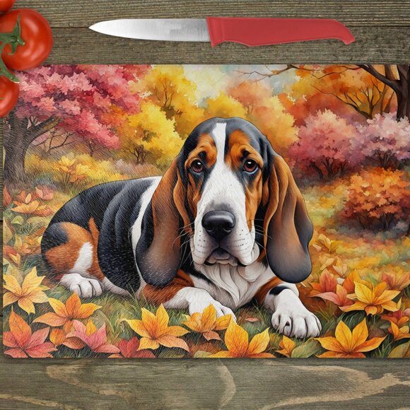 Basset Hound Dog Fall Kitchen Textured Tempered Glass Trivet/Cutting Board - Picture 1 of 1
